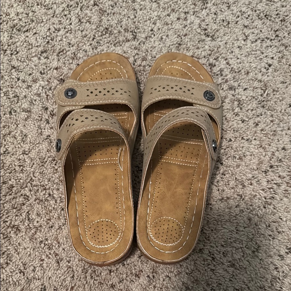 Tan Perforated Slide Sandals-Like New